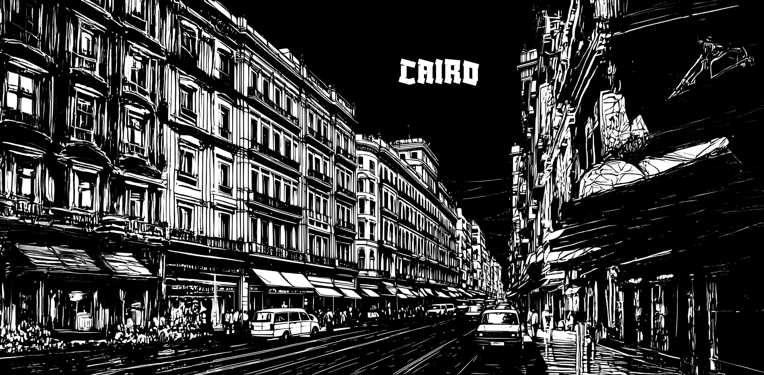 Line illustration of a Cairo street with the word CAIRO