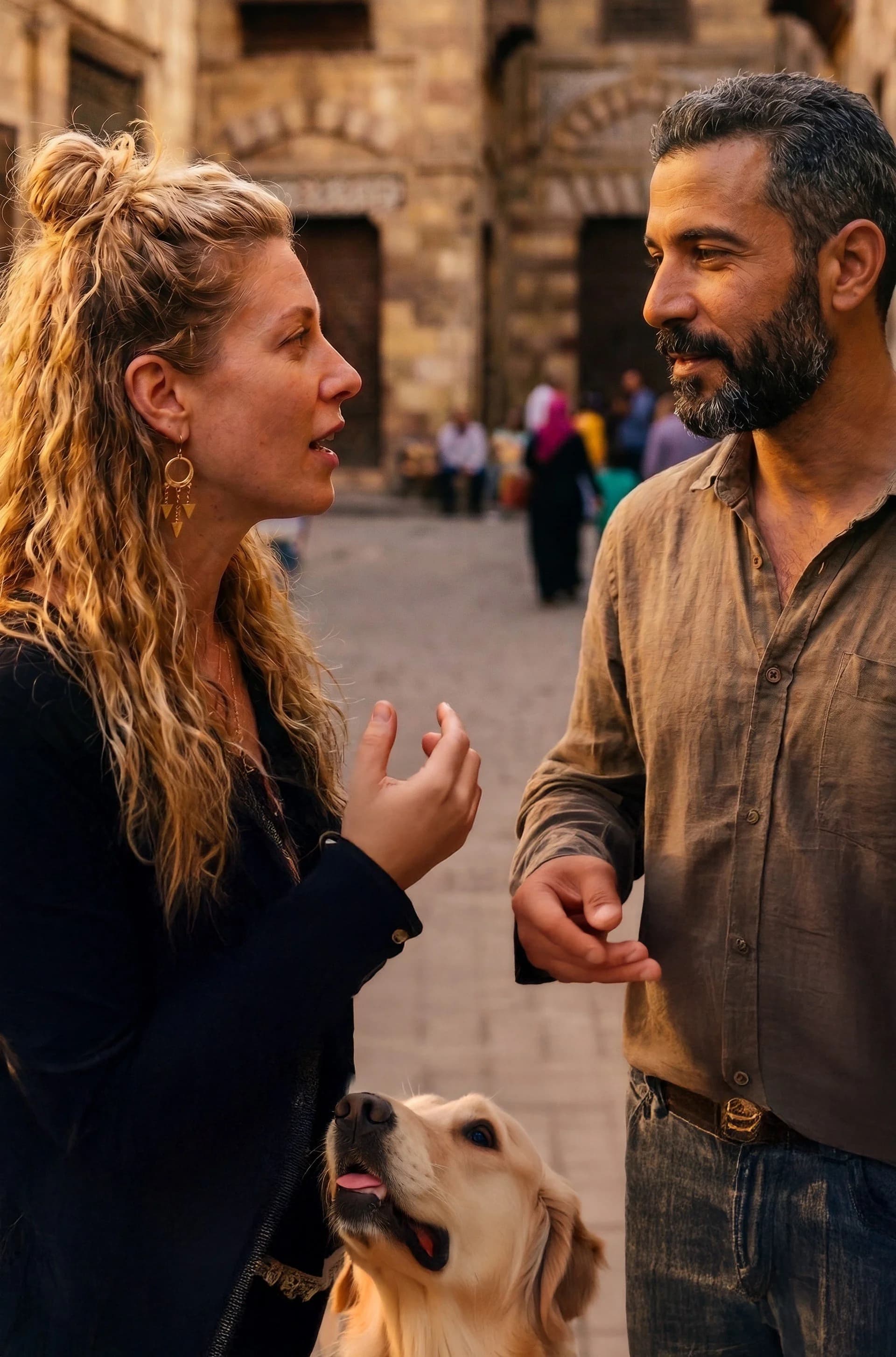 Two people talking on a street in Old Cairo