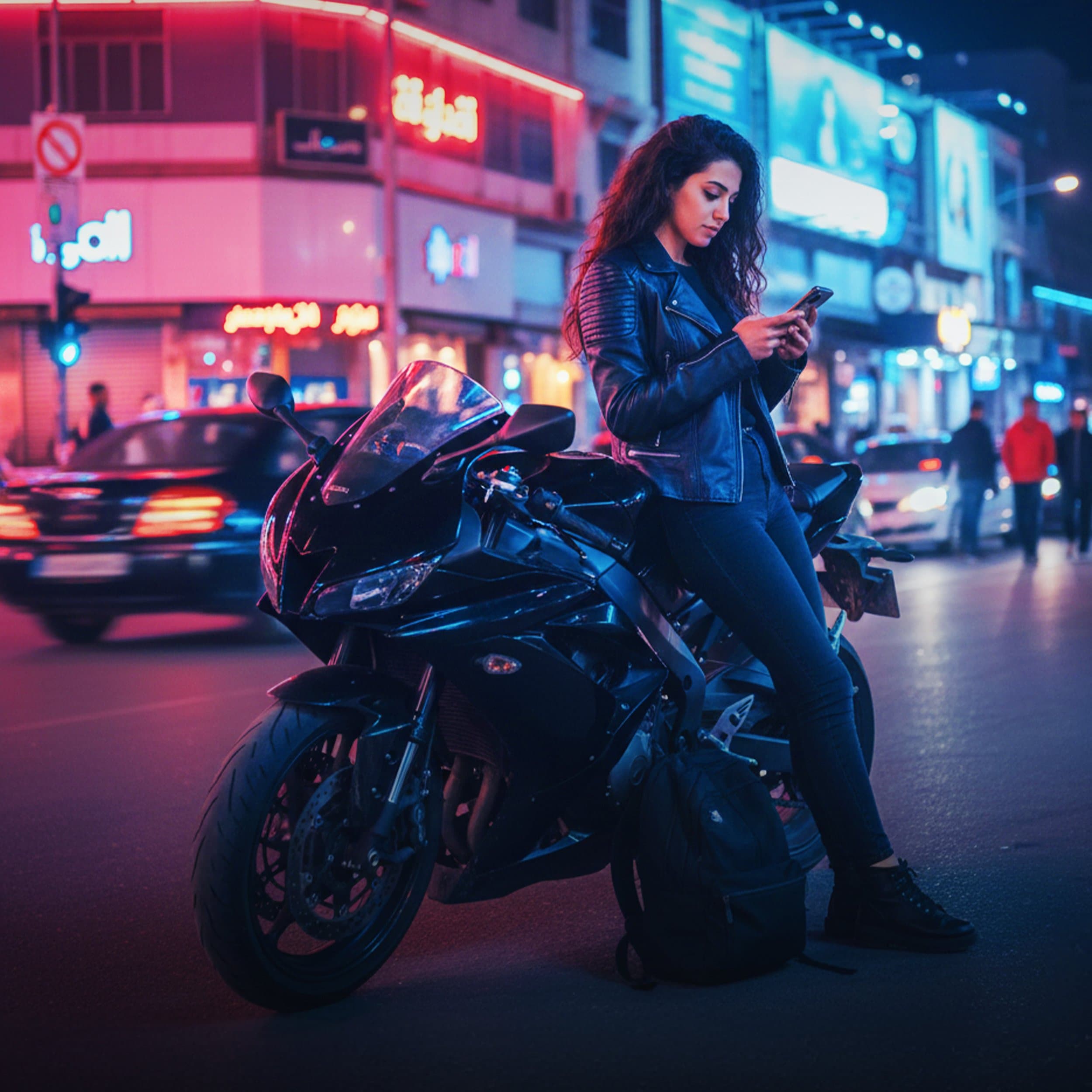 A rider on a motorbike on a neon-lit street at night